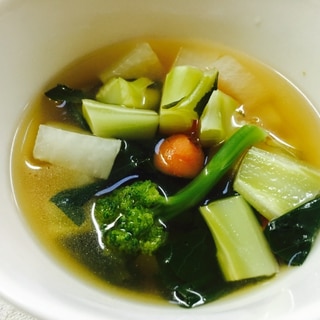 ブロッコリーの芯&根菜&小松菜の和風コンソメスープ